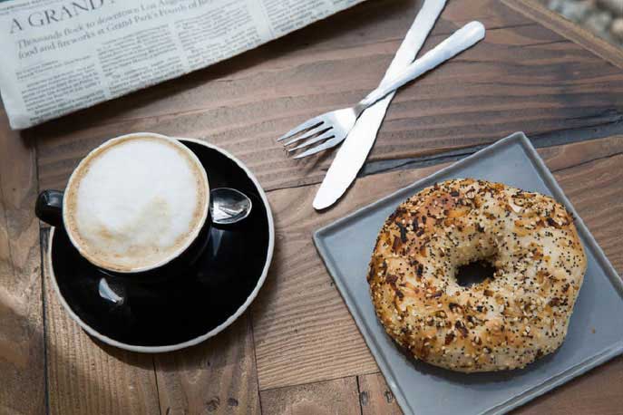 Top-down coffee and bagel