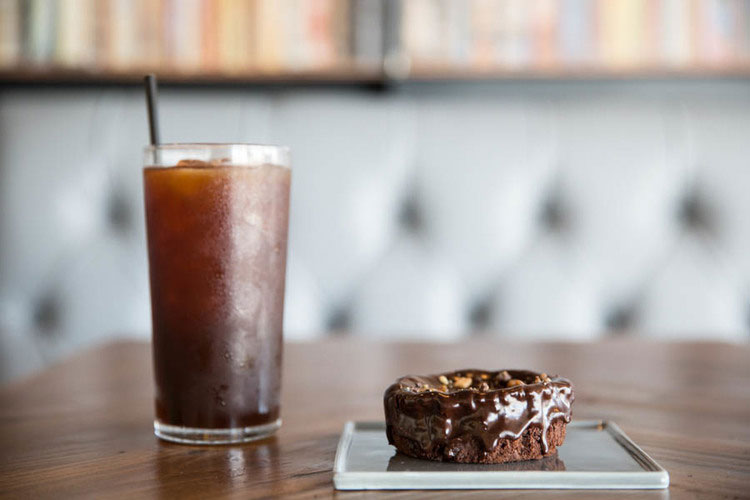 Iced coffee and chocolate pastry
